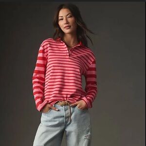 English Factory Pink and Red Stripe long sleeve polo 100% cotton knit